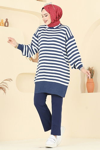 moda selvim Çizgi Detay Triko Tunik 6005KL398 İndigo - Thumbnail