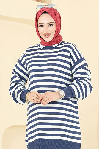 moda selvim Çizgi Detay Triko Tunik 6005KL398 İndigo - Thumbnail