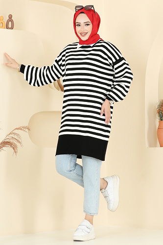 moda selvim Çizgi Detay Triko Tunik 6005KL398 Siyah - Thumbnail