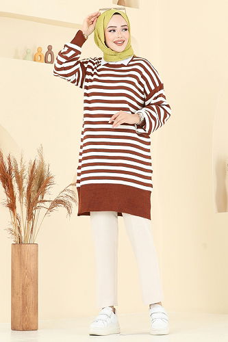 moda selvim Çizgi Detay Triko Tunik 6005KL398 Taba - Thumbnail