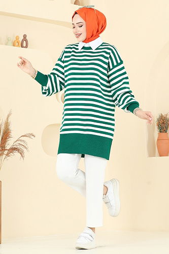 moda selvim Çizgi Detay Triko Tunik 6005KL398 Zümrüt - Thumbnail