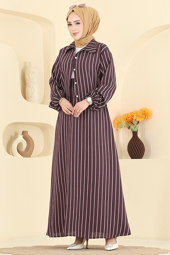 moda selvim Çizgi Detaylı 2 li Takım 126NZRK1200 Koyu Mürdüm - Thumbnail