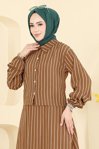 moda selvim Çizgi Detaylı 2 li Takım 126NZRK1200 Taba - Thumbnail