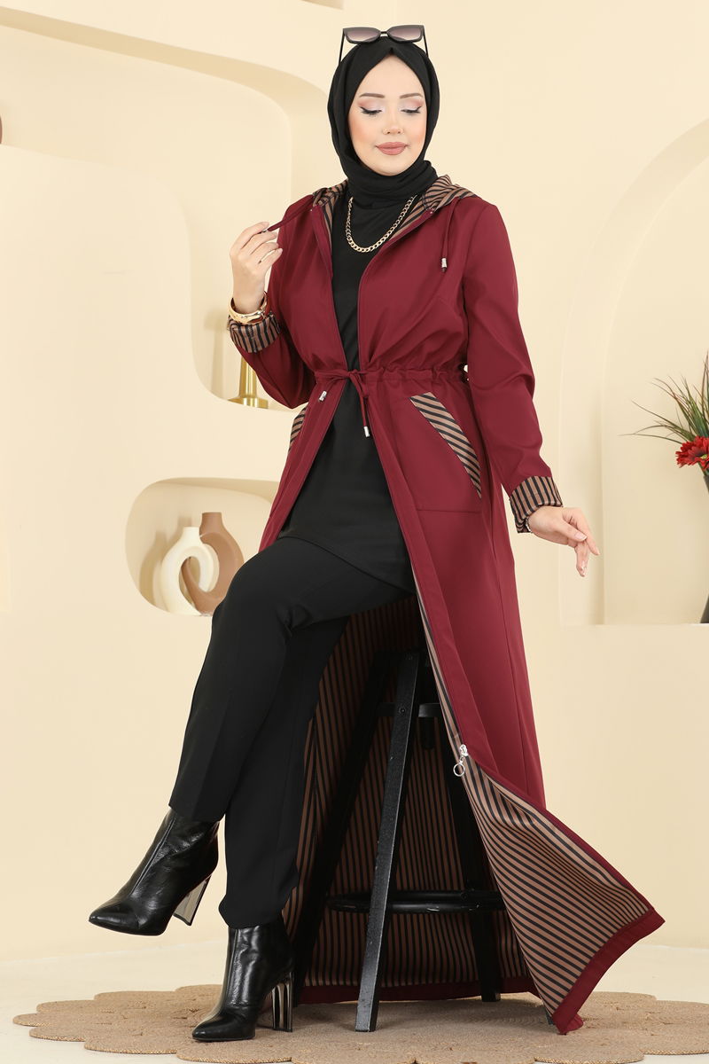 Çizgi Detaylı Bondit Ferace 2836ASMK1074 Bordo