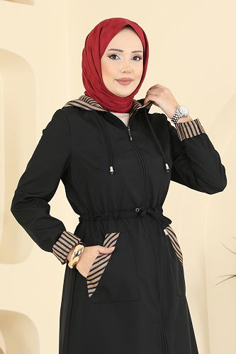 moda selvim Çizgi Detaylı Bondit Ferace 2836ASMK1074 Siyah - Thumbnail