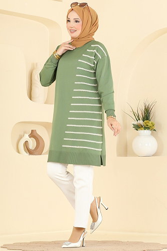 moda selvim Çizgi Detaylı Merserize Tunik 3314NVX1208 Çağla - Thumbnail
