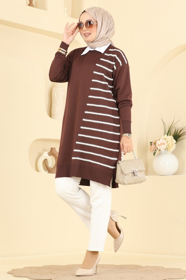Modaselvim Tunik Çizgi Detaylı Merserize Tunık 3314NVX1208 Kahve