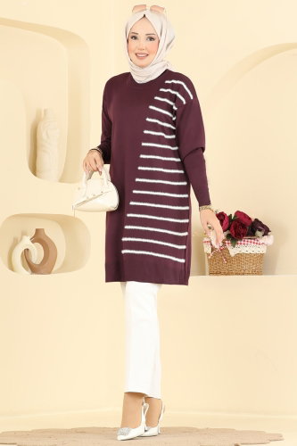 N.V.X. - Çizgi Detaylı Merserize Tunik 3314NVX1208 Mürdüm