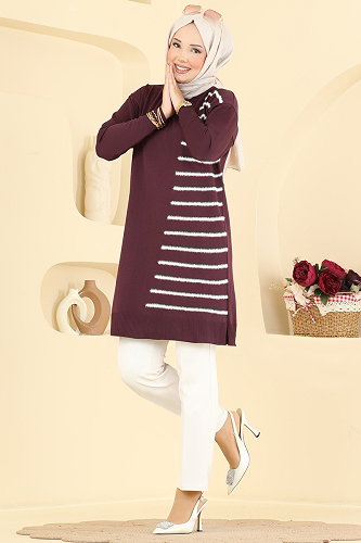 moda selvim Çizgi Detaylı Merserize Tunik 3314NVX1208 Mürdüm - Thumbnail