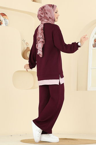 moda selvim Çizgi Detaylı Modal Takım 3246HBS856 Açık Bordo - Thumbnail