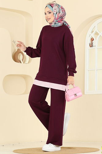 moda selvim Çizgi Detaylı Modal Takım 3246HBS856 Bordo - Thumbnail