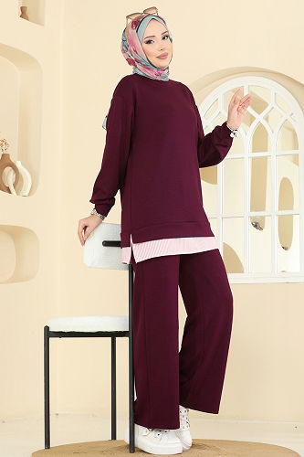 moda selvim Çizgi Detaylı Modal Takım 3246HBS856 Bordo - Thumbnail