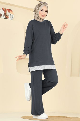 moda selvim Çizgi Detaylı Modal Takım 3246HBS856 Füme - Thumbnail