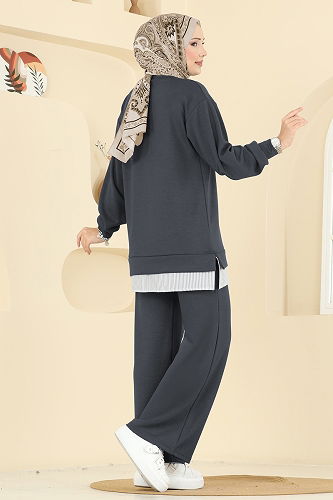 moda selvim Çizgi Detaylı Modal Takım 3246HBS856 Füme - Thumbnail