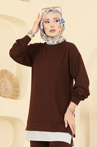 moda selvim Çizgi Detaylı Modal Takım 3246HBS856 Kahve - Thumbnail