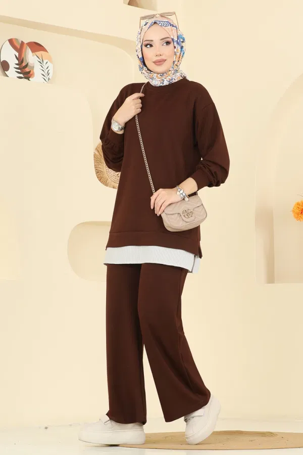 Modaselvim Kombin Çizgi Detaylı Modal Takım 3246HBS856 Kahve