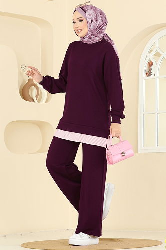 moda selvim Çizgi Detaylı Modal Takım 3246HBS856 Koyu Bordo - Thumbnail