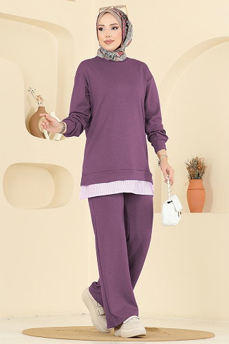 moda selvim Çizgi Detaylı Modal Takım 3246HBS856 Koyu Lila - Thumbnail