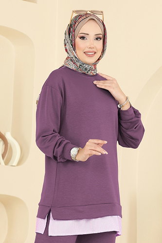 moda selvim Çizgi Detaylı Modal Takım 3246HBS856 Koyu Lila - Thumbnail
