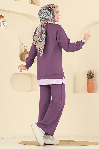 moda selvim Çizgi Detaylı Modal Takım 3246HBS856 Koyu Lila - Thumbnail
