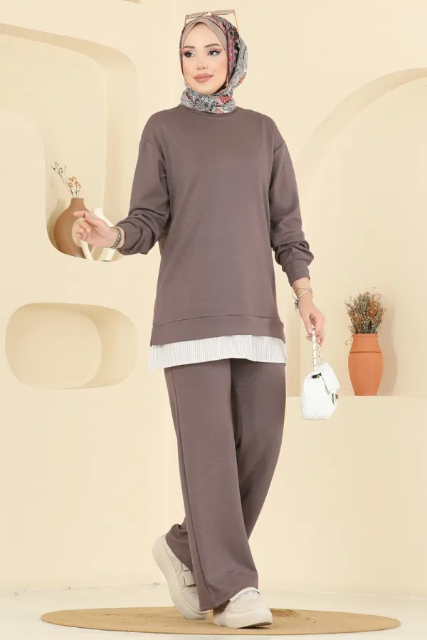 Modaselvim Kombin Çizgi Detaylı Modal Takım 3246HBS856 Koyu Vizyon