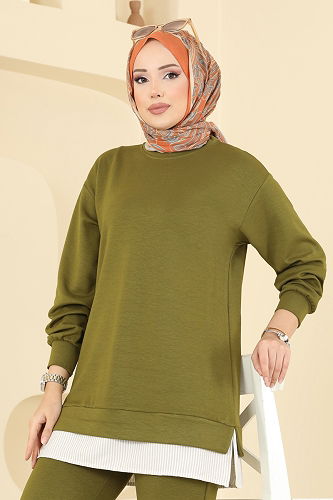 moda selvim Çizgi Detaylı Modal Takım 3246HBS856 Yağ Yeşili - Thumbnail