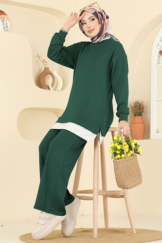 moda selvim Çizgi Detaylı Modal Takım 3246HBS856 Zümrüt - Thumbnail