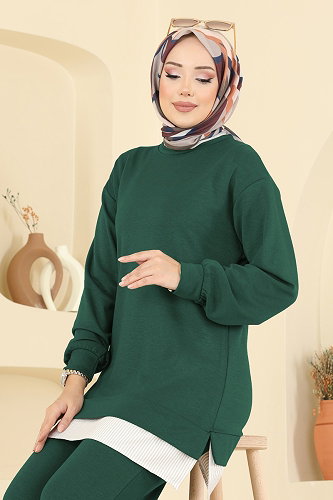 moda selvim Çizgi Detaylı Modal Takım 3246HBS856 Zümrüt - Thumbnail