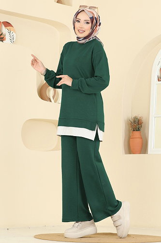 moda selvim Çizgi Detaylı Modal Takım 3246HBS856 Zümrüt - Thumbnail