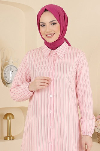 moda selvim Çizgi Detaylı Modal Tunik 197NZRK1200 Pembe - Thumbnail