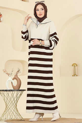 moda selvim Çizgi Detaylı Triko Elbise 11042BRZ597 Ekru - Thumbnail