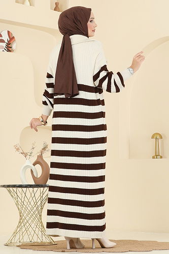 moda selvim Çizgi Detaylı Triko Elbise 11042BRZ597 Ekru - Thumbnail