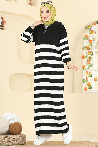moda selvim Çizgi Detaylı Triko Elbise 11042BRZ597 Siyah - Thumbnail