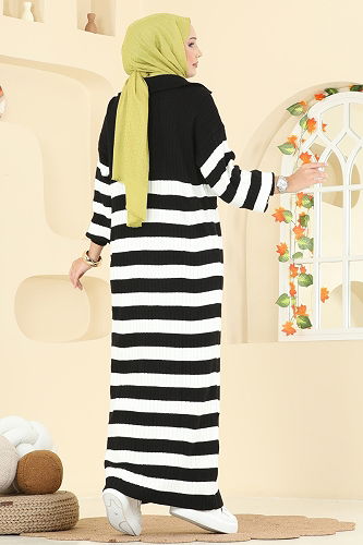 moda selvim Çizgi Detaylı Triko Elbise 11042BRZ597 Siyah - Thumbnail