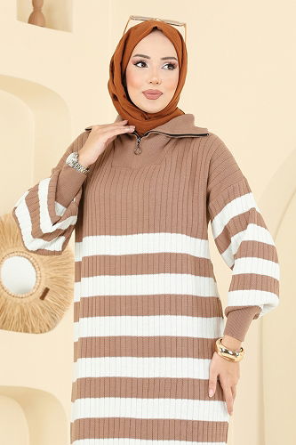 moda selvim Çizgi Detaylı Triko Elbise 11042BRZ597 Vizyon - Thumbnail