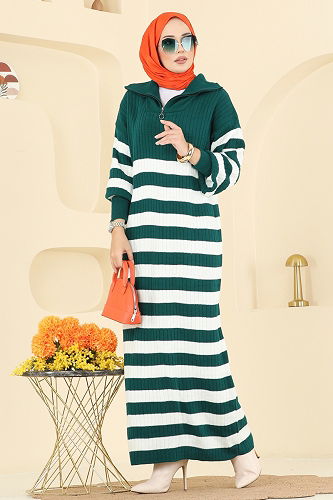moda selvim Çizgi Detaylı Triko Elbise 11042BRZ597 Zümrüt - Thumbnail