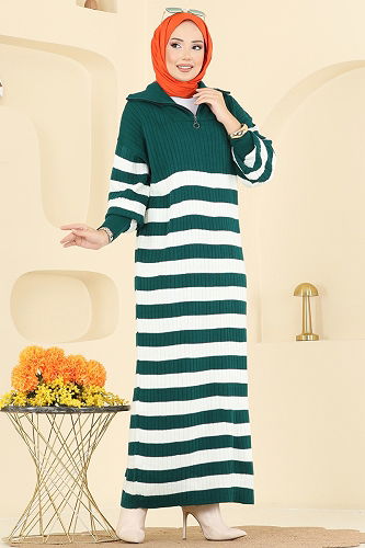moda selvim Çizgi Detaylı Triko Elbise 11042BRZ597 Zümrüt - Thumbnail