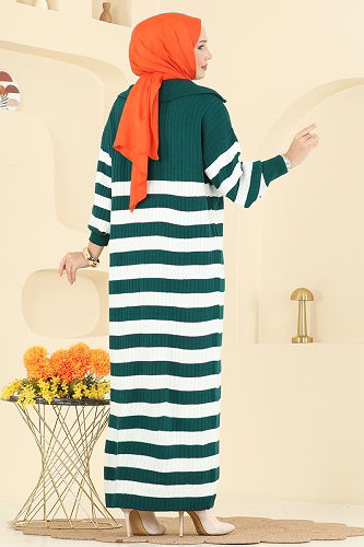 moda selvim Çizgi Detaylı Triko Elbise 11042BRZ597 Zümrüt - Thumbnail