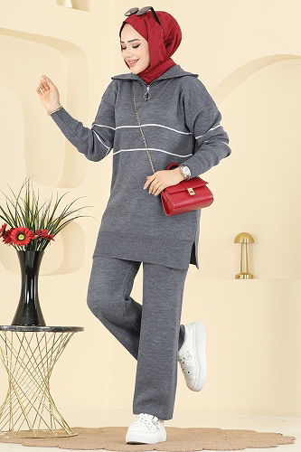 moda selvim Çizgi Detaylı Triko Takım 01050BRZ597 Antrasit - Thumbnail