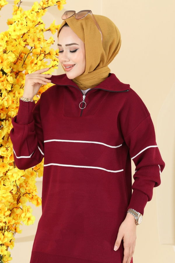 Modaselvim Kombin Çizgi Detaylı Triko Takım 01050BRZ597 Bordo
