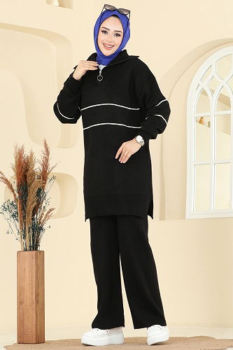 moda selvim Çizgi Detaylı Triko Takım 01050BRZ597 Siyah - Thumbnail