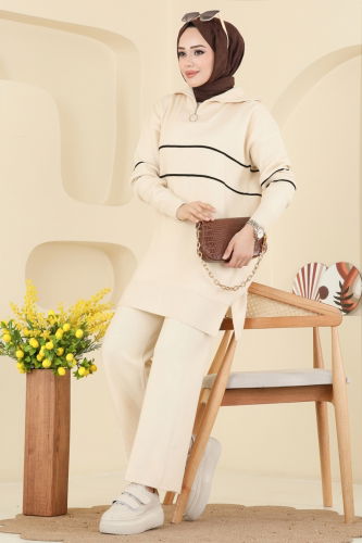B.R.Z - Çizgi Detaylı Triko Takım 01050BRZ597 Taş