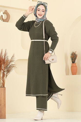 moda selvim Çizgi Detaylı Triko Takım 2713AYD574 Haki - Thumbnail