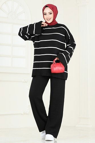 moda selvim Çizgi Detaylı Triko Takım 3083BRZ597 Siyah - Thumbnail