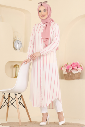 N.Z.R.K. - Çizgi Detaylı Uzun Tunik 169NZRK1200 Açık Pembe