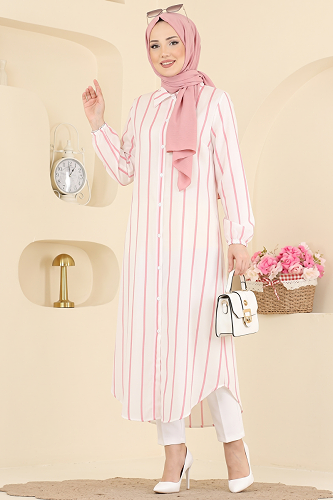 moda selvim Çizgi Detaylı Uzun Tunik 169NZRK1200 Açık Pembe - Thumbnail