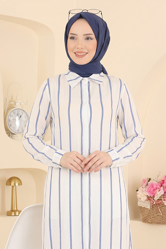 moda selvim Çizgi Detaylı Uzun Tunik 169NZRK1200 İndigo - Thumbnail