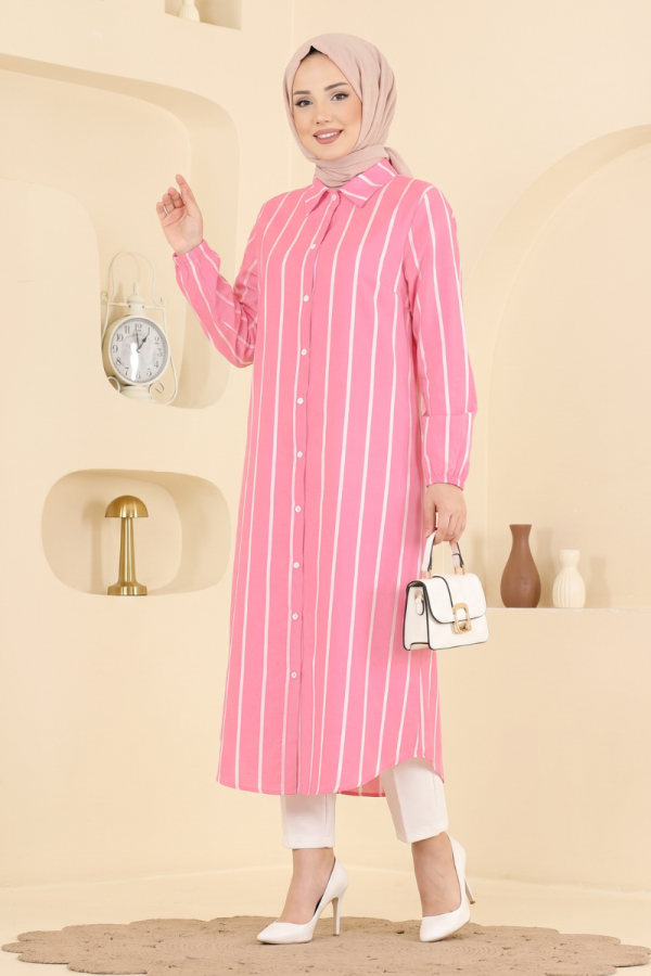 Modaselvim Tunik Çizgi Detaylı Uzun Tunik 169NZRK1200 Pembe
