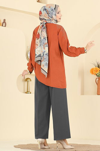 moda selvim Çizgi Hatlı Dabıl Pantolon 0651ERK1158 Antrasit - Thumbnail