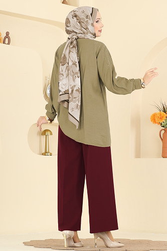 moda selvim Çizgi Hatlı Dabıl Pantolon 0651ERK1158 Bordo - Thumbnail